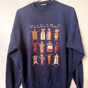 Vintage 90s Navy crewneck graphic sweatshirt with "My life's in ruins" design